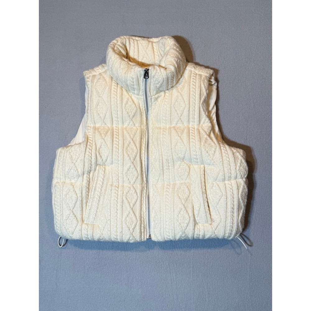 Hollister Cream Cable Knit Puffer Vest Womens Medium Ivory Full Zip Pockets